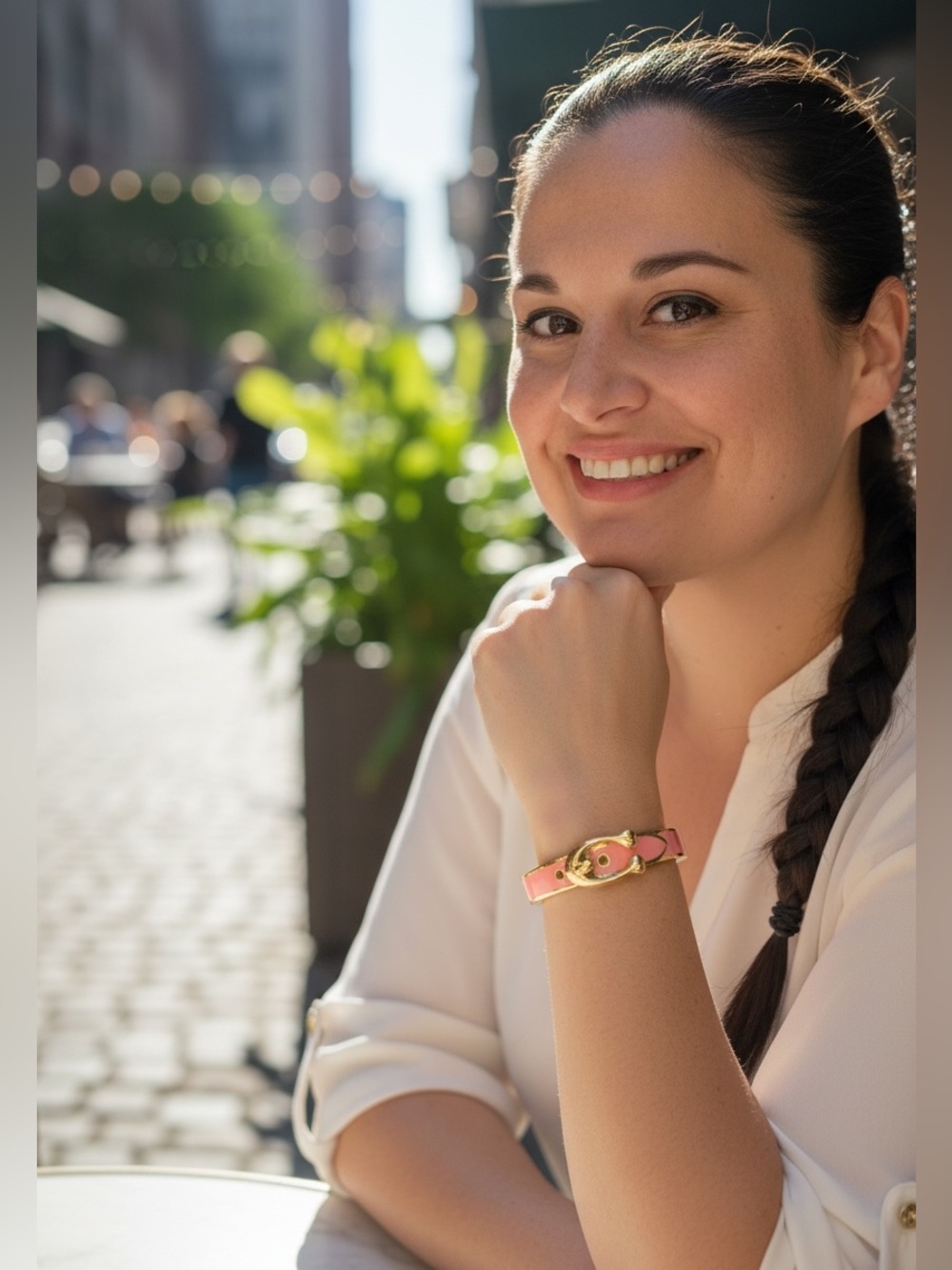 Coach Gold Buckle Bangle Bracelet with Pink Enamel
